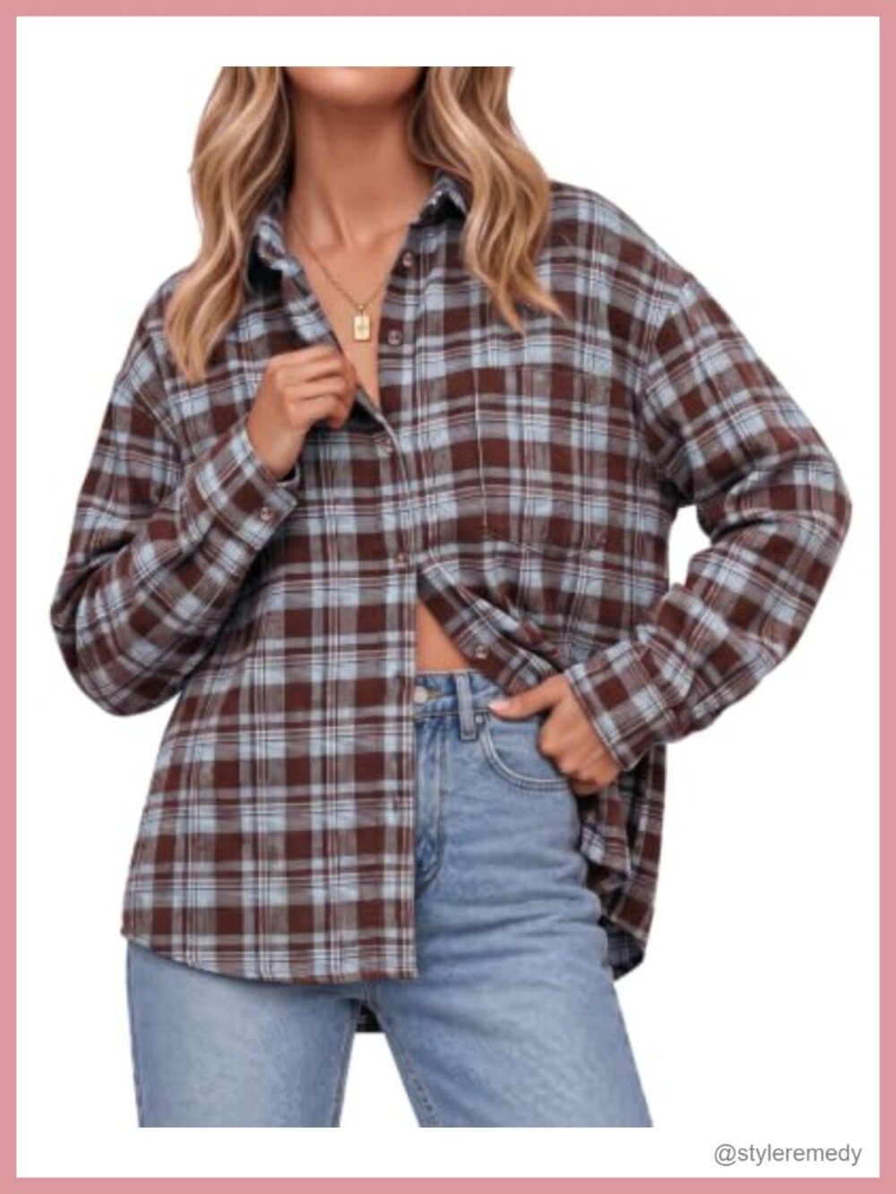 Plaid Button Down Shirt Long Sleeve Curved Hem Shacket Relaxed Fit - Picture 1 of 6